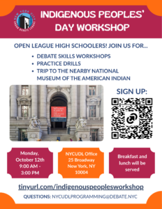 📢 HS Debaters: Indigenous Peoples’ Day Workshop on Oct 12